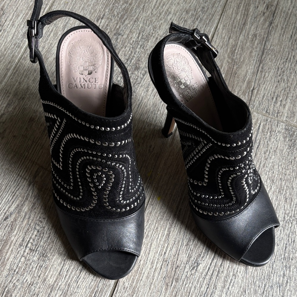 Vince Camuto Black Studded Peep-Toe Slingback Heels